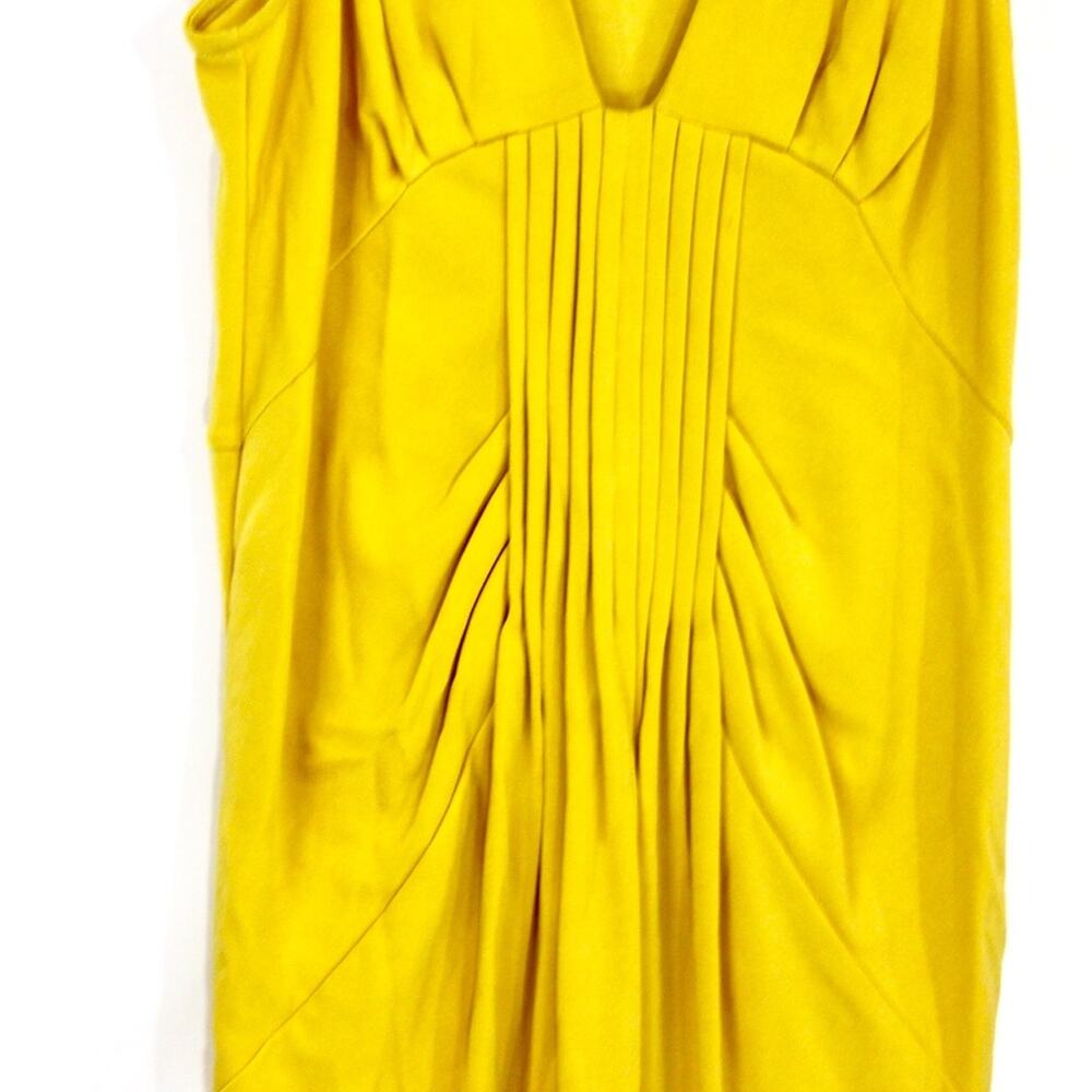 0050 Ali Ro Yellow V-Neck Cocktail Dress Size 8 Slinky Ruched Knee Length - Picture 4 of 8